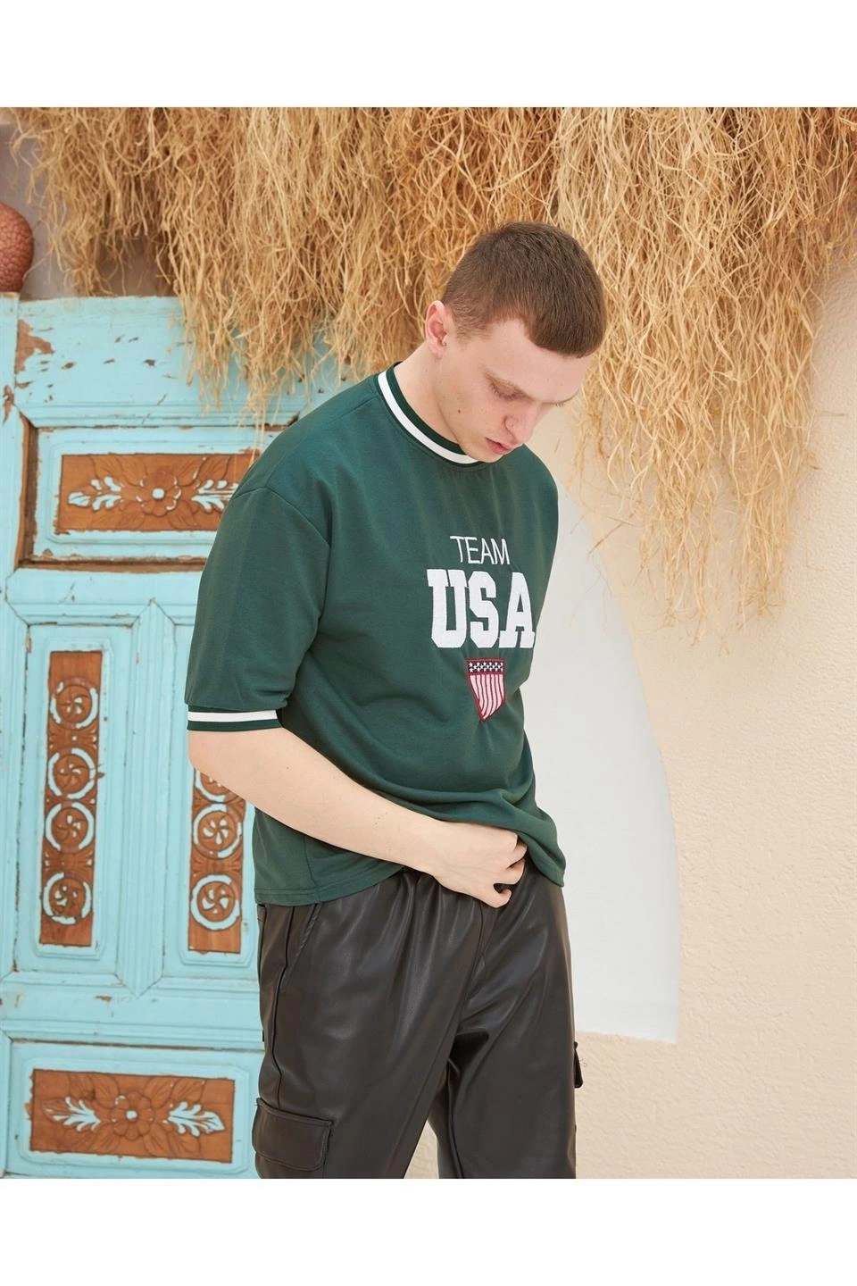 Erkek Bisiklet Yaka Tişört Nakış İşlemeli Kısa Kol Oversize T-Shirt - Yeşil