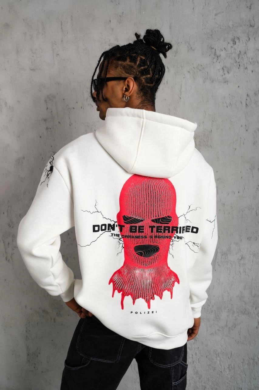 Erkek 3 İplik Pamuklu Kapüşonlu Baskılı Cepli Oversize Sweatshirt Hoodie - Beyaz
