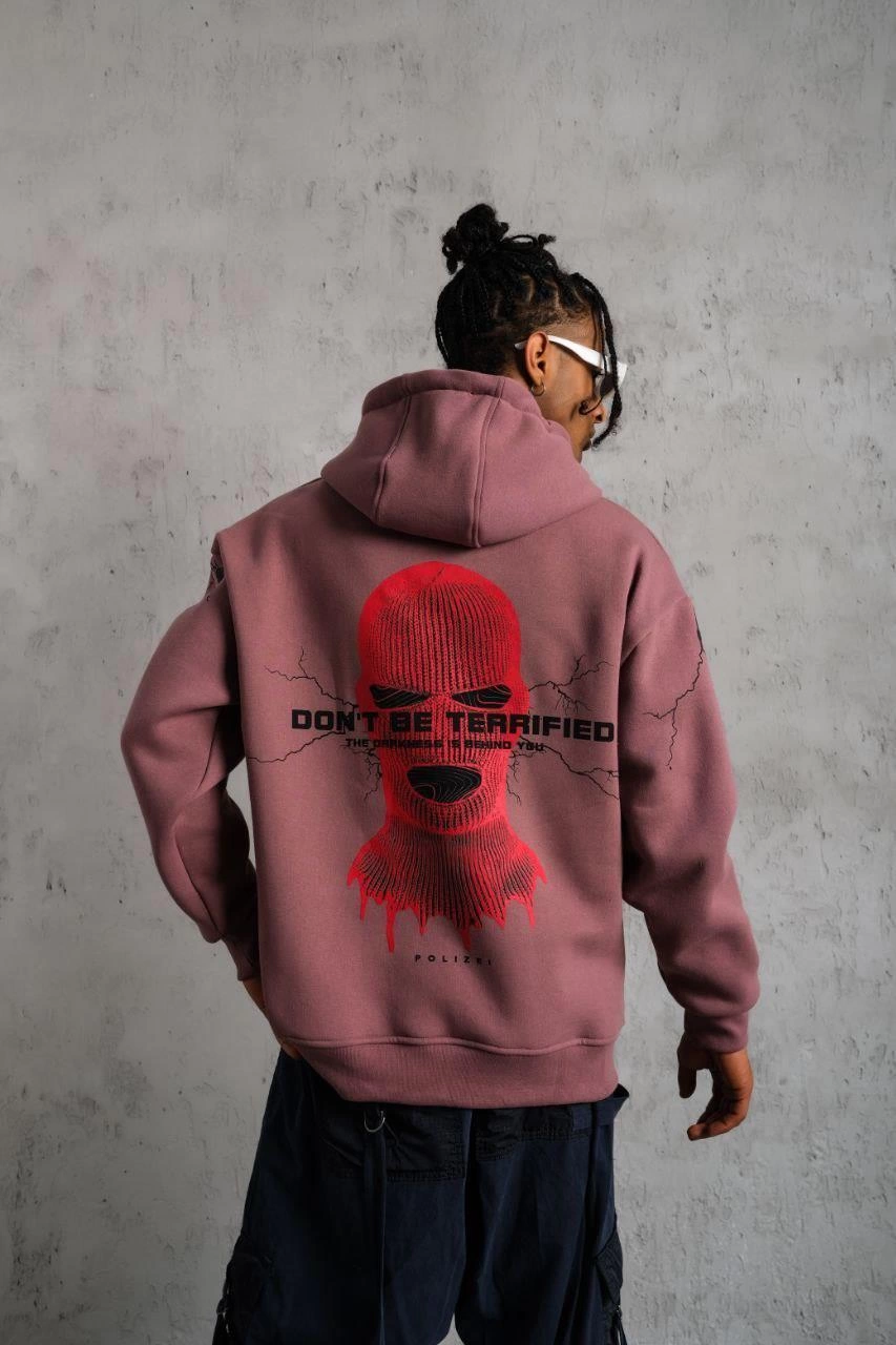 Erkek 3 İplik Pamuklu Kapüşonlu Baskılı Cepli Sweatshirt Hoodie - Gül Kurusu