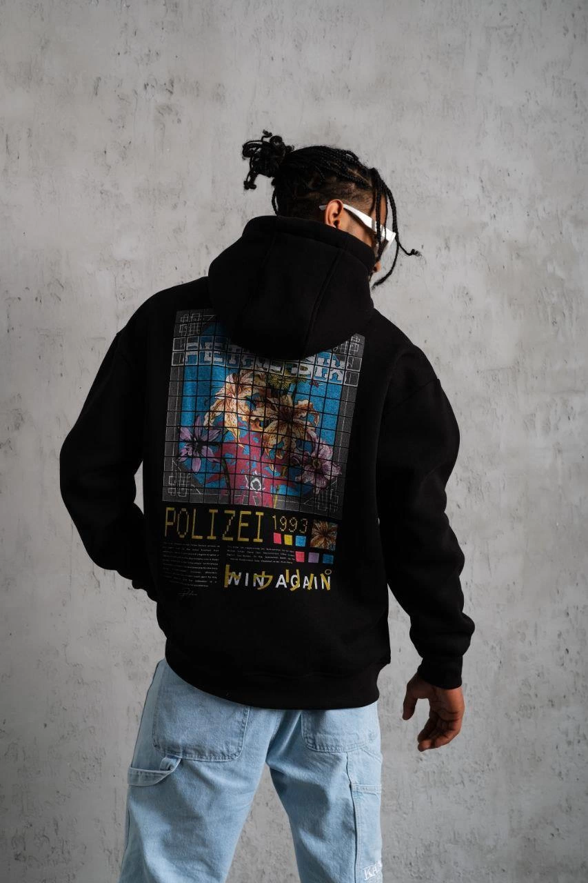Erkek 3 İplik Pamuklu Kapüşonlu Baskılı Cepli Oversize Sweatshirt Hoodie - Siyah