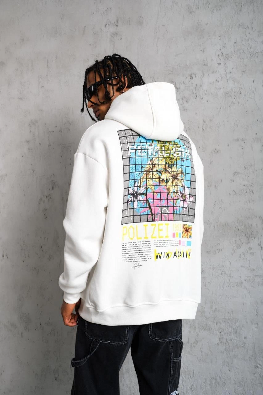 Erkek 3 İplik Pamuklu Kapüşonlu Baskılı Cepli Oversize Sweatshirt Hoodie - Beyaz