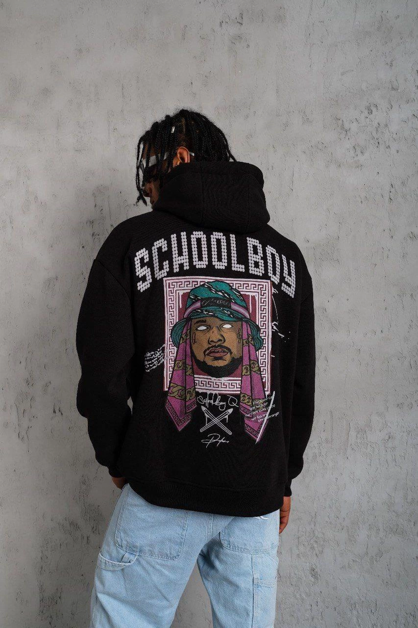 Erkek 3 İplik Pamuklu Kapüşonlu Baskılı Cepli Oversize Sweatshirt Hoodie - Siyah
