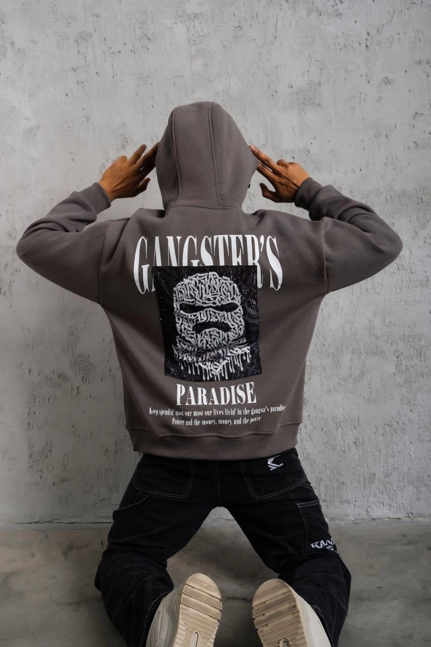 Erkek 3 İplik Pamuklu Baskılı Kapüşonlu Cepli Sweatshirt Hoodie - Gri