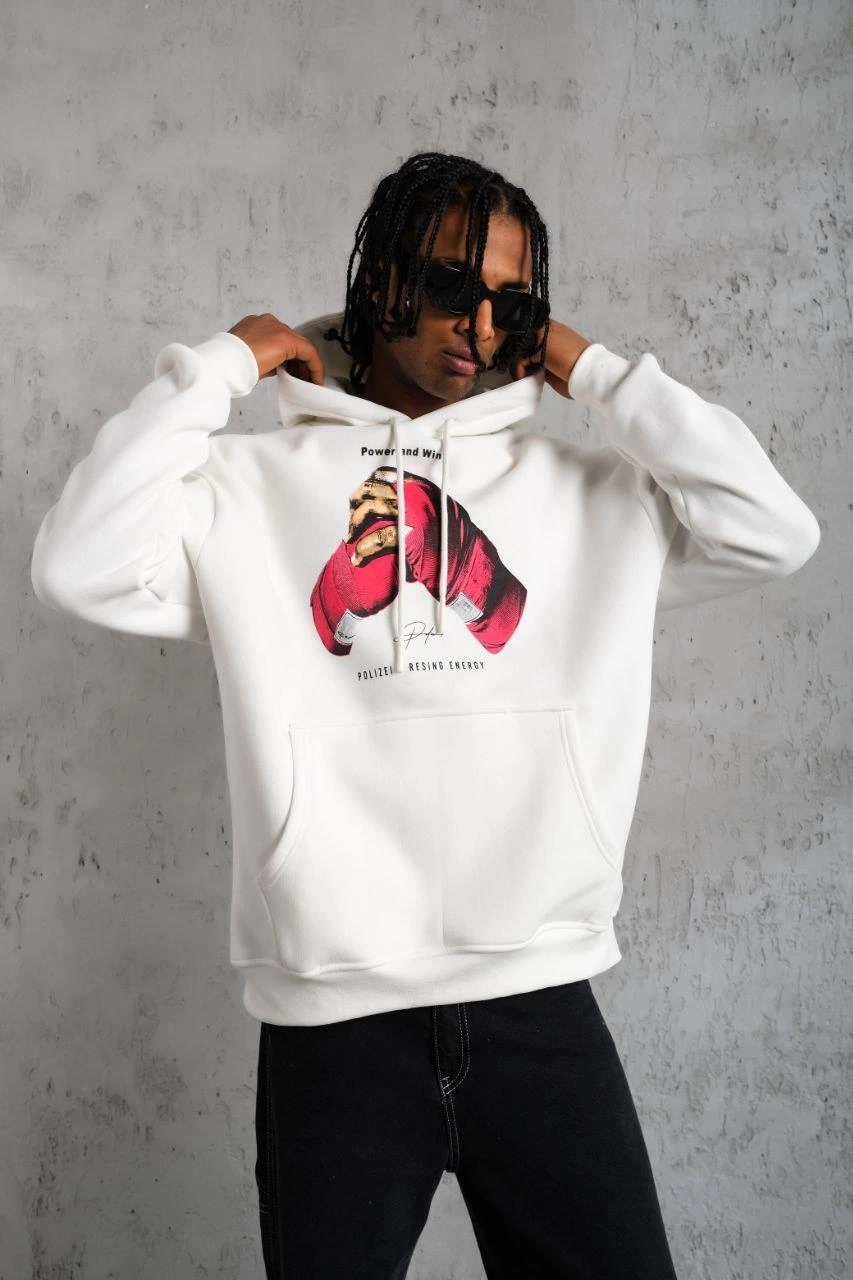 Erkek Kapüşonlu Cepli Boks Eldiven Baskılı 3 İplik Sweatshirt Hoodie - Beyaz