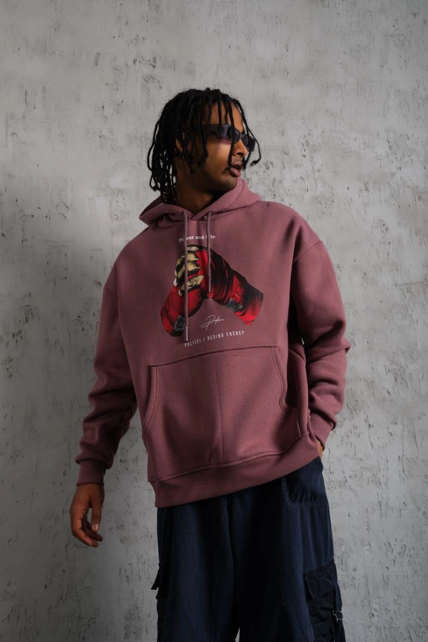 Erkek Kapüşonlu Cepli Box Eldiven Baskılı 3 İplik Sweatshirt Hoodie - Gül Kurusu