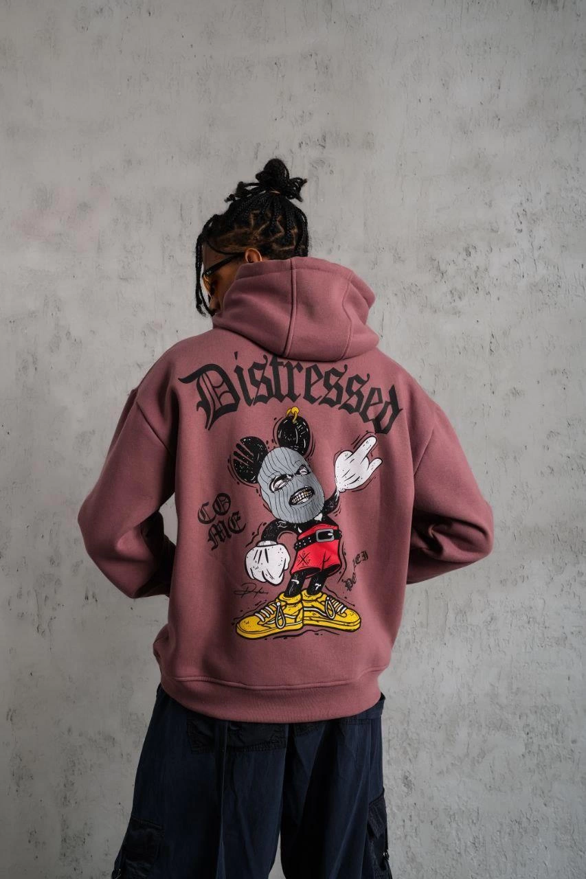 Erkek 3 İplik Pamuklu Kapüşonlu Kanguru Cepli Sweatshirt Hoodie - Gül Kurusu