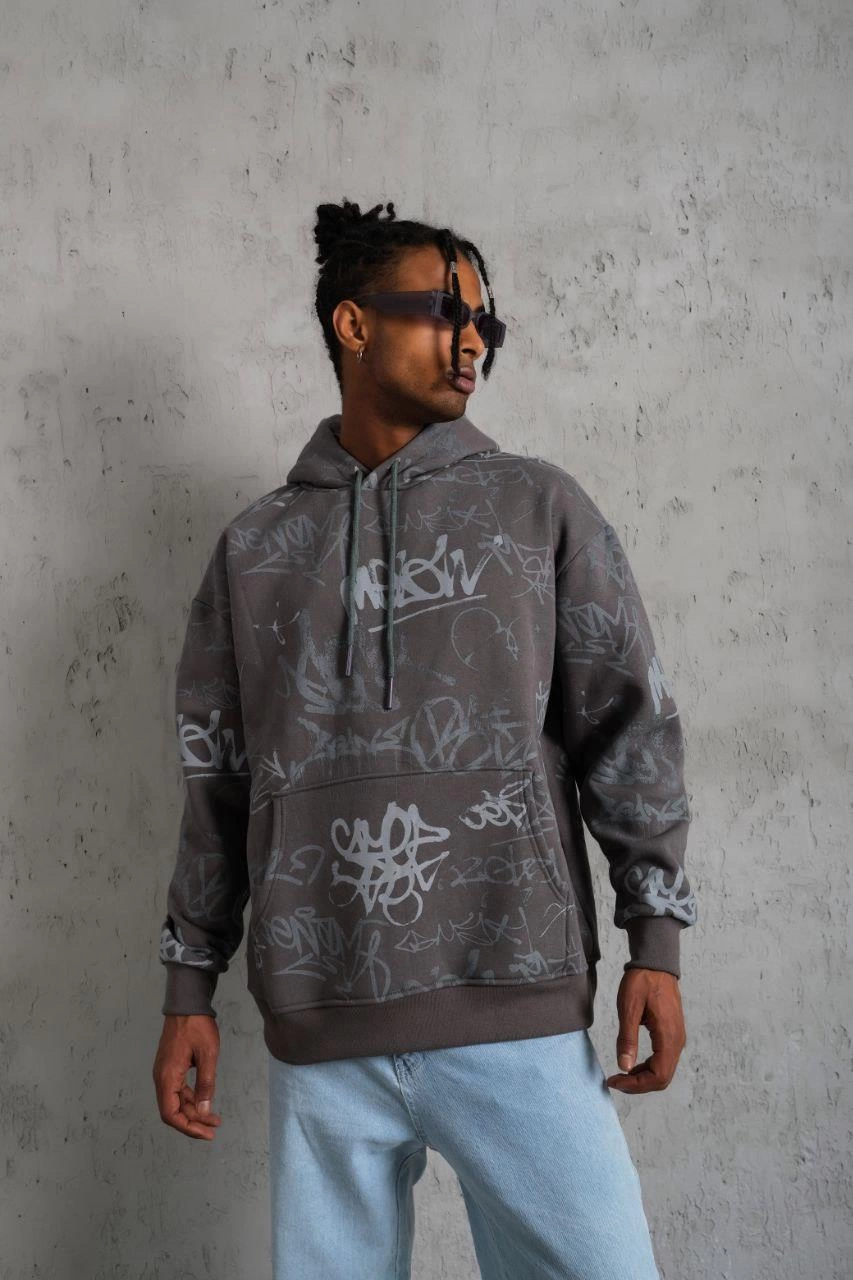 Erkek 3 İplik Pamuklu Kapüşonlu Kanguru Cepli Sweatshirt Hoodie -  Gri