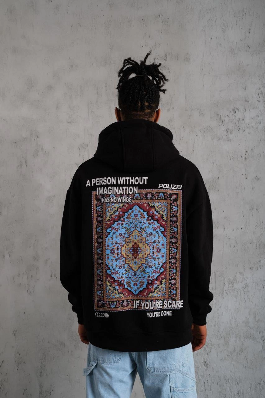 Erkek 3 İplik Pamuklu Kapüşonlu Baskılı Cepli Oversize Sweatshirt Hoodie - Siyah