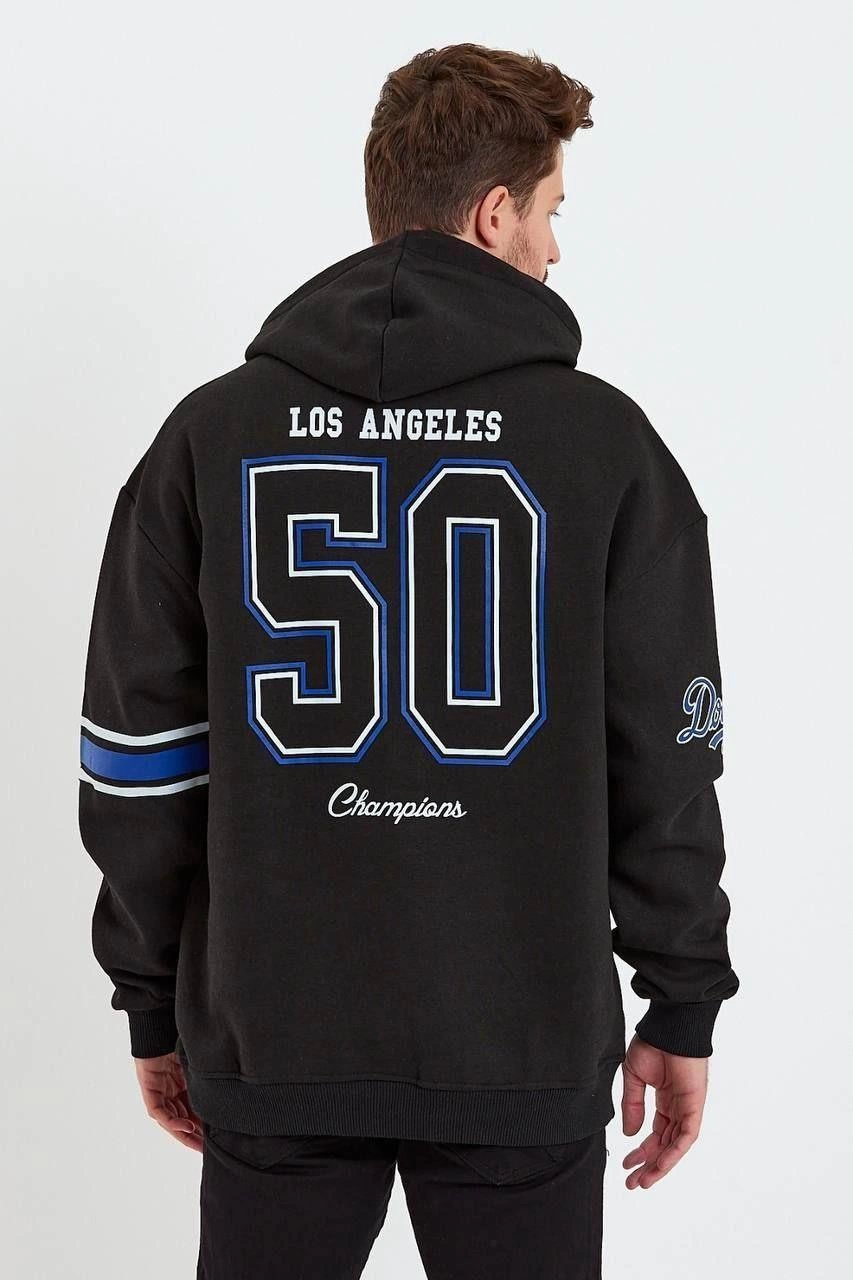 Erkek 3 İplik Pamuklu Kapüşonlu Baskılı Cepli Oversize Sweatshirt Hoodie - Siyah