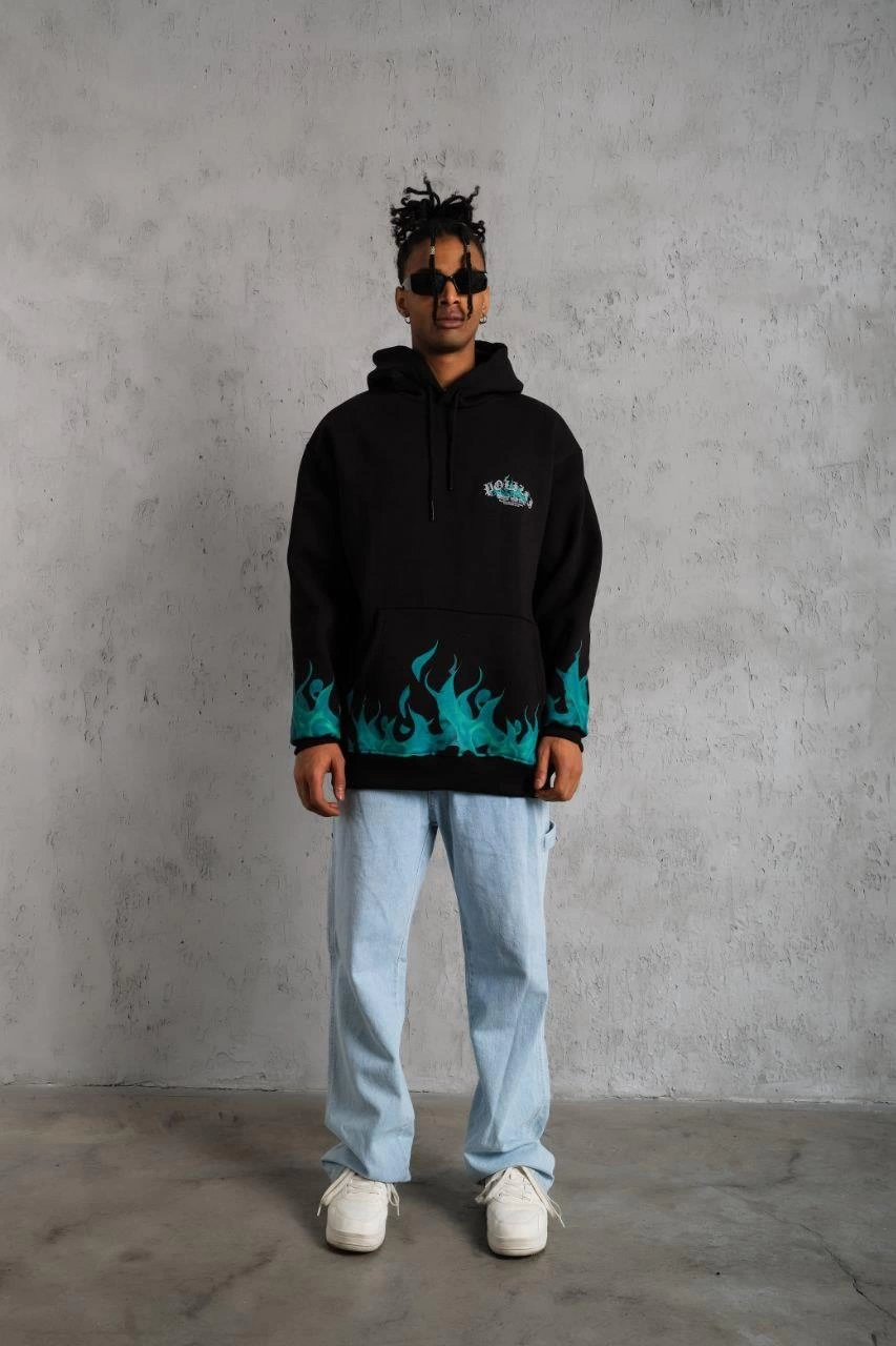 Erkek 3 İplik Pamuklu Alev Baskılı Kapüşonlu hoodie Sweatshirt - Siyah