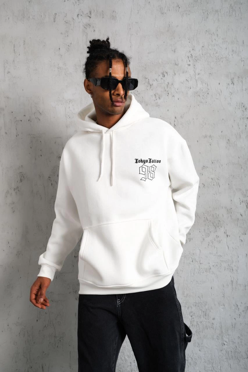 Erkek 98 Baskılı Kapşonlu 3 iplik pamuklu Sweatshirt hoodie - Beyaz