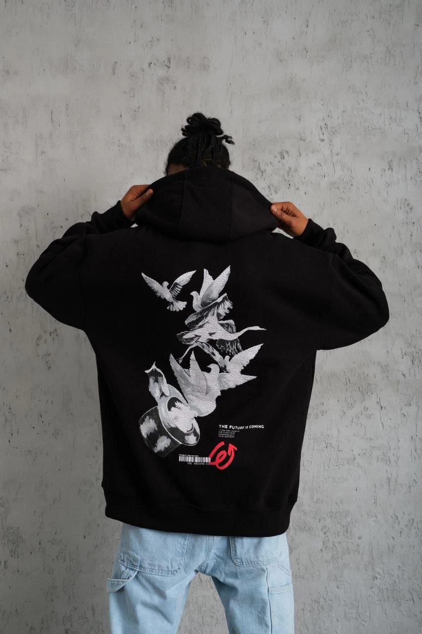 Erkek 3 İplik Pamuklu Kapüşonlu Baskılı Cepli Oversize Sweatshirt Hoodie - Siyah