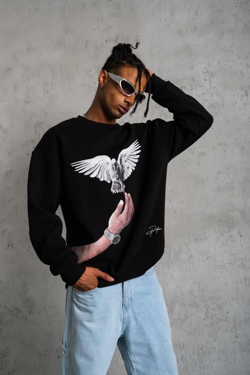 Erkek Güvercin Baskılı 3 iplik Bisiklet Yaka ipamuklu Sweatshirt - Siyah