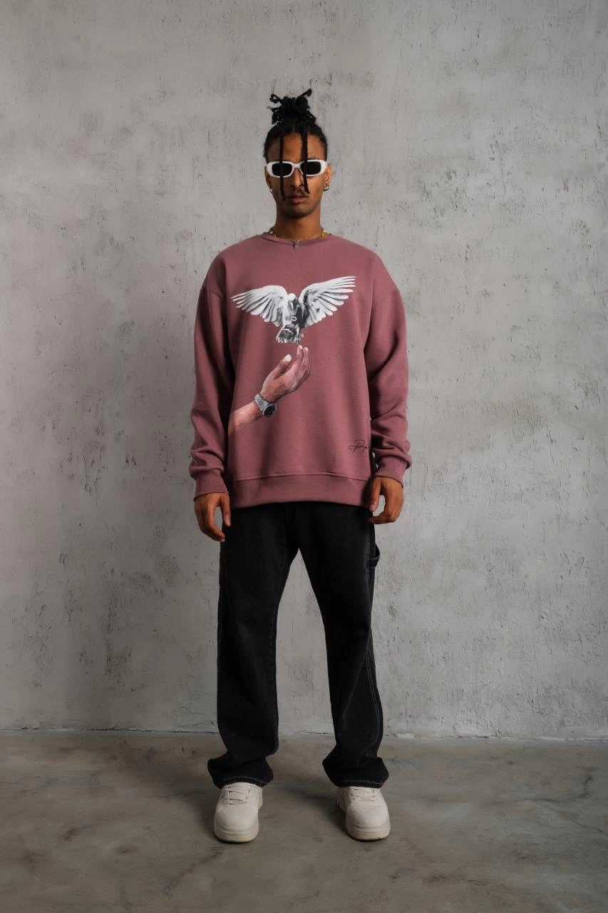 Erkek Güvercin Baskılı Bisiklet Yaka Sweatshirt 3 iplik pamuklu - Gül Kurusu