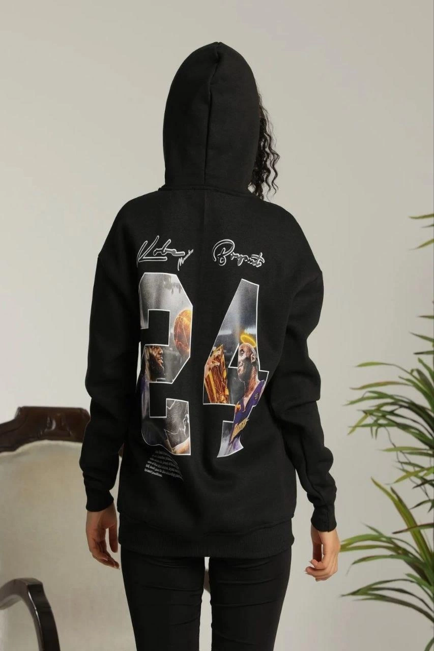 Kadın Oversize Kapüşonlu Cepli Baskılı 3 İplik Pamuklu Hoodie Sweatshirt - Siyah
