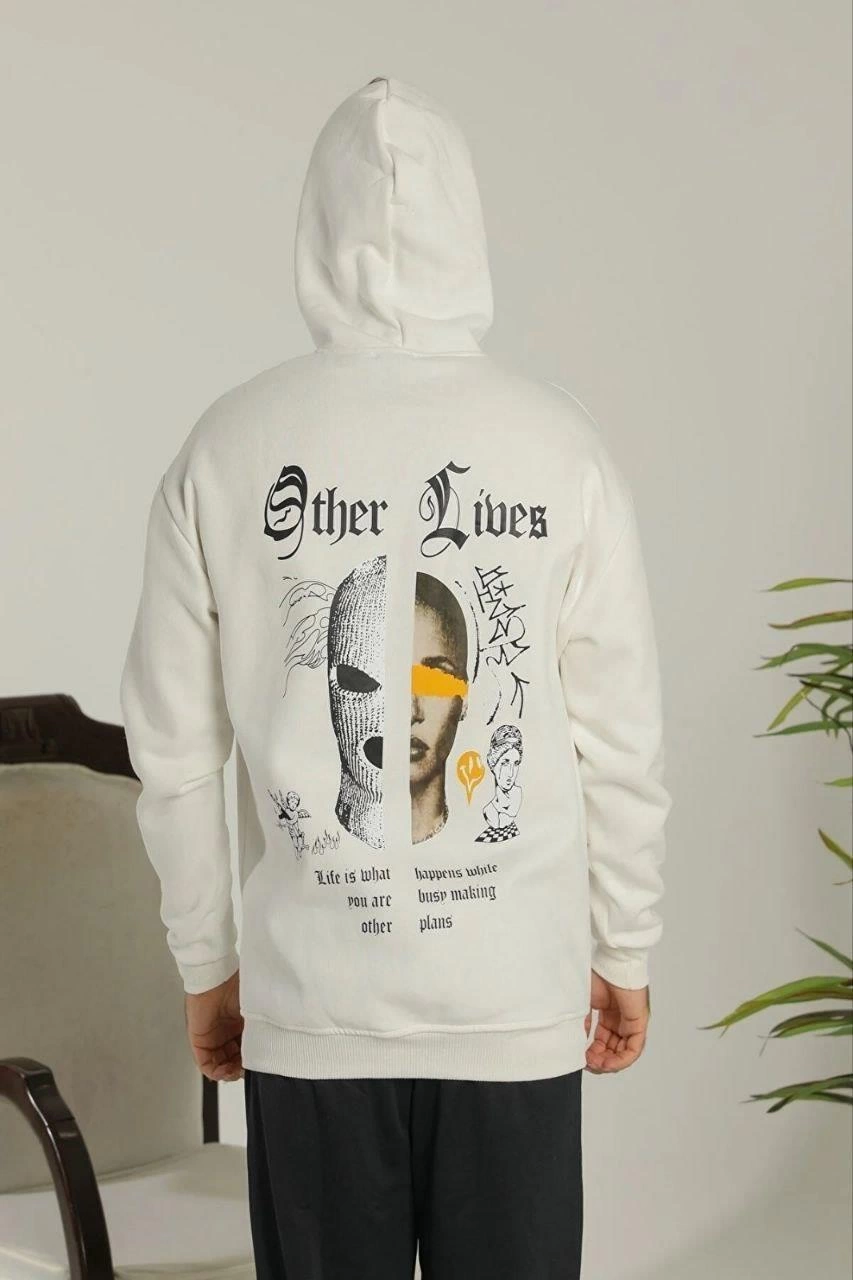 Erkek 3 İplik Pamuklu Kapüşonlu Baskılı Cepli Oversize Sweatshirt Hoodie - Beyaz
