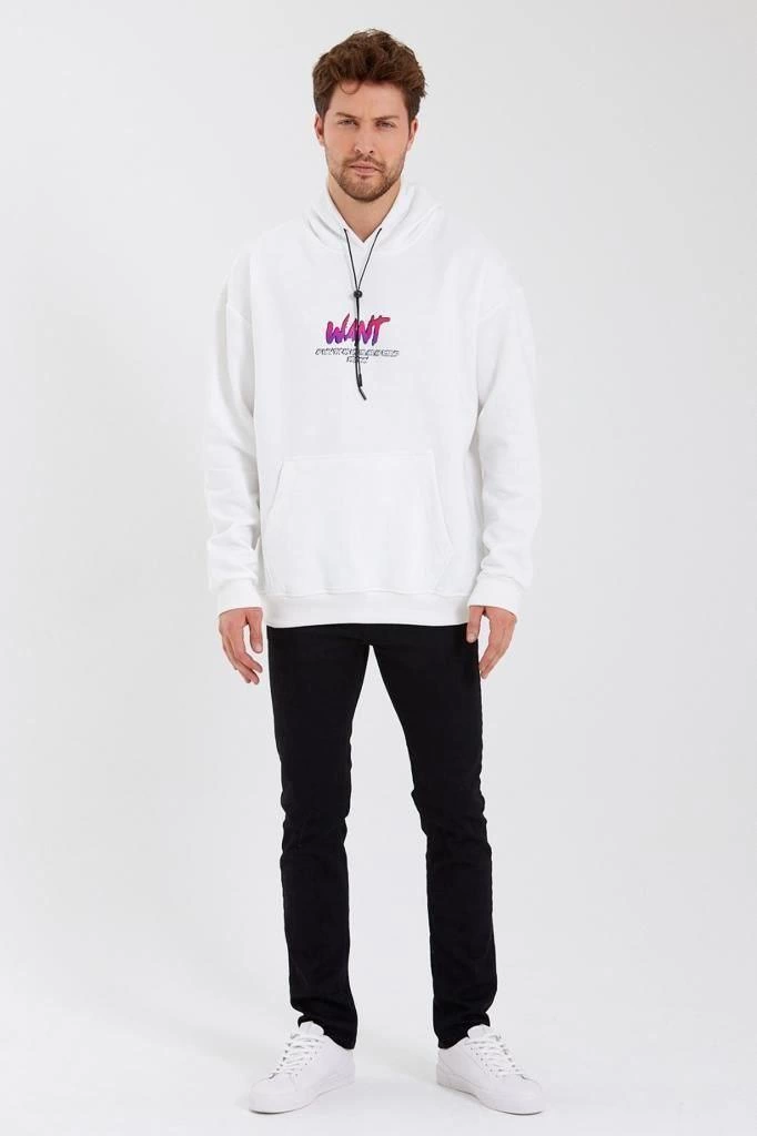 Erkek 3 İplik Pamuklu Kapüşonlu Baskılı Cepli Oversize Sweatshirt Hoodie - Beyaz