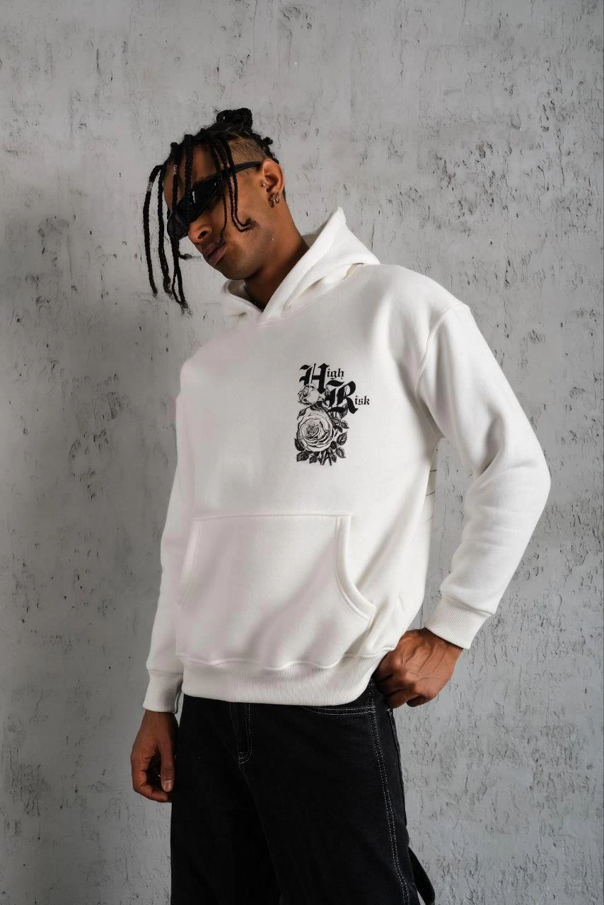 Erkek 3 İplik Pamuklu Kapüşonlu Baskılı Cepli Oversize Sweatshirt Hoodie - Beyaz