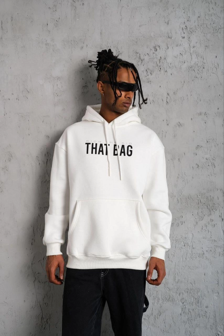 Erkek 3 İplik Pamuklu Kapüşonlu Baskılı Cepli Oversize Sweatshirt Hoodie - Beyaz