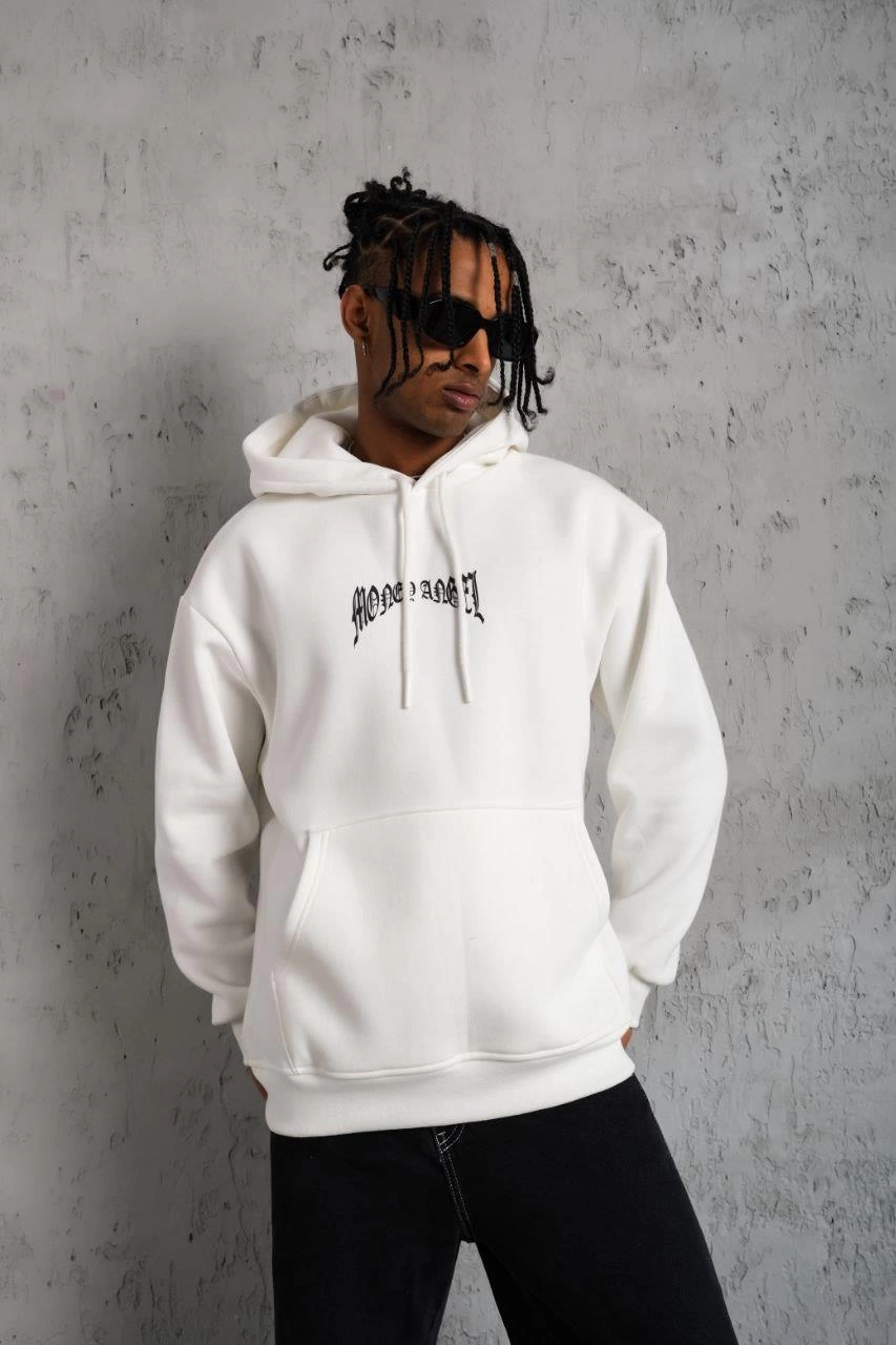 Erkek 3 İplik Pamuklu Baskılı Kapüşonlu Cepli Sweatshirt Hoodie - Beyaz
