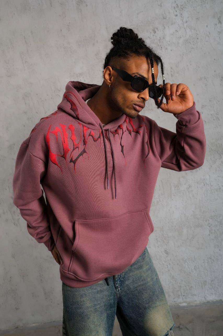 Erkek 3 İplik Pamuklu Baskılı Kapüşonlu Cepli Sweatshirt Hoodie - Gül Kurusu