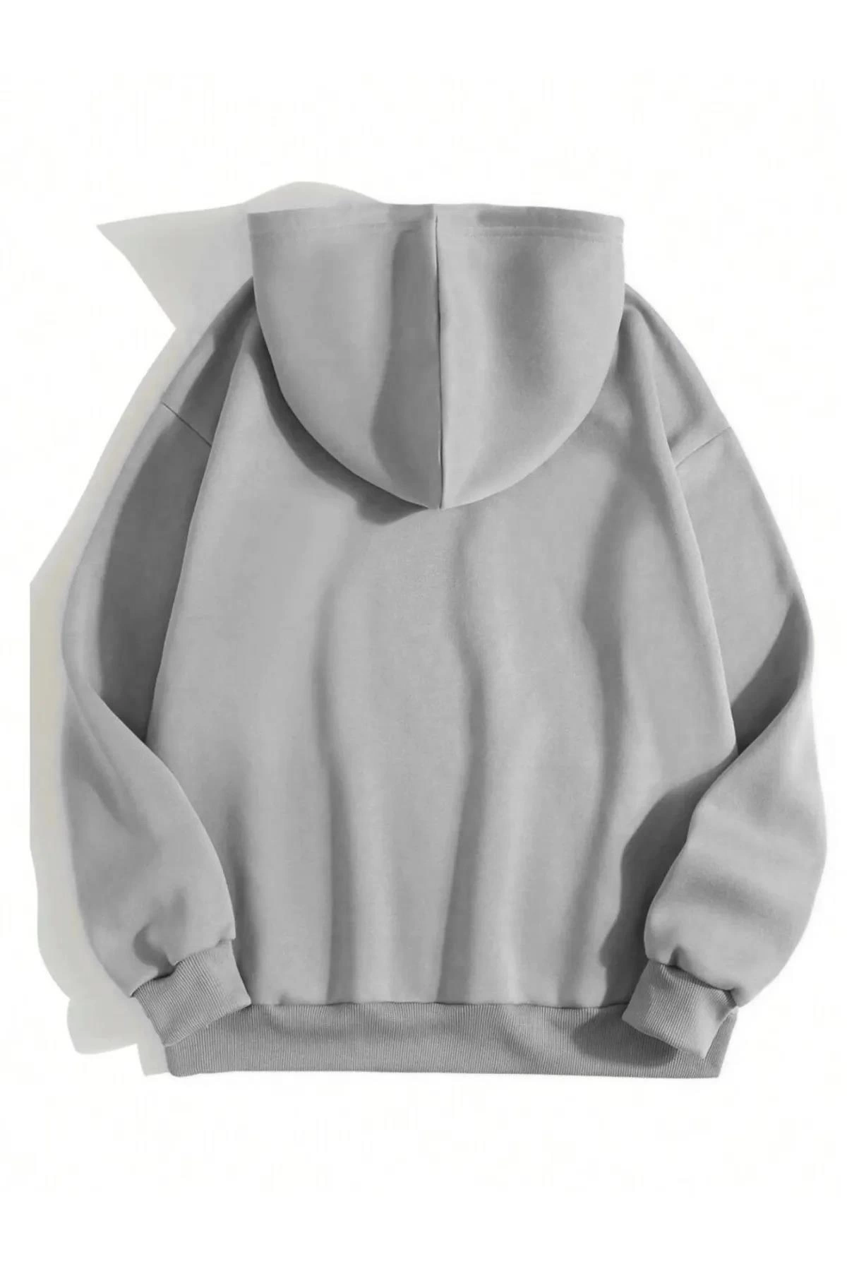 Erkek 3 İplik Pamuklu Kapüşonlu Kanguru Cepli Sweatshirt Hoodie - Boyalı Gri