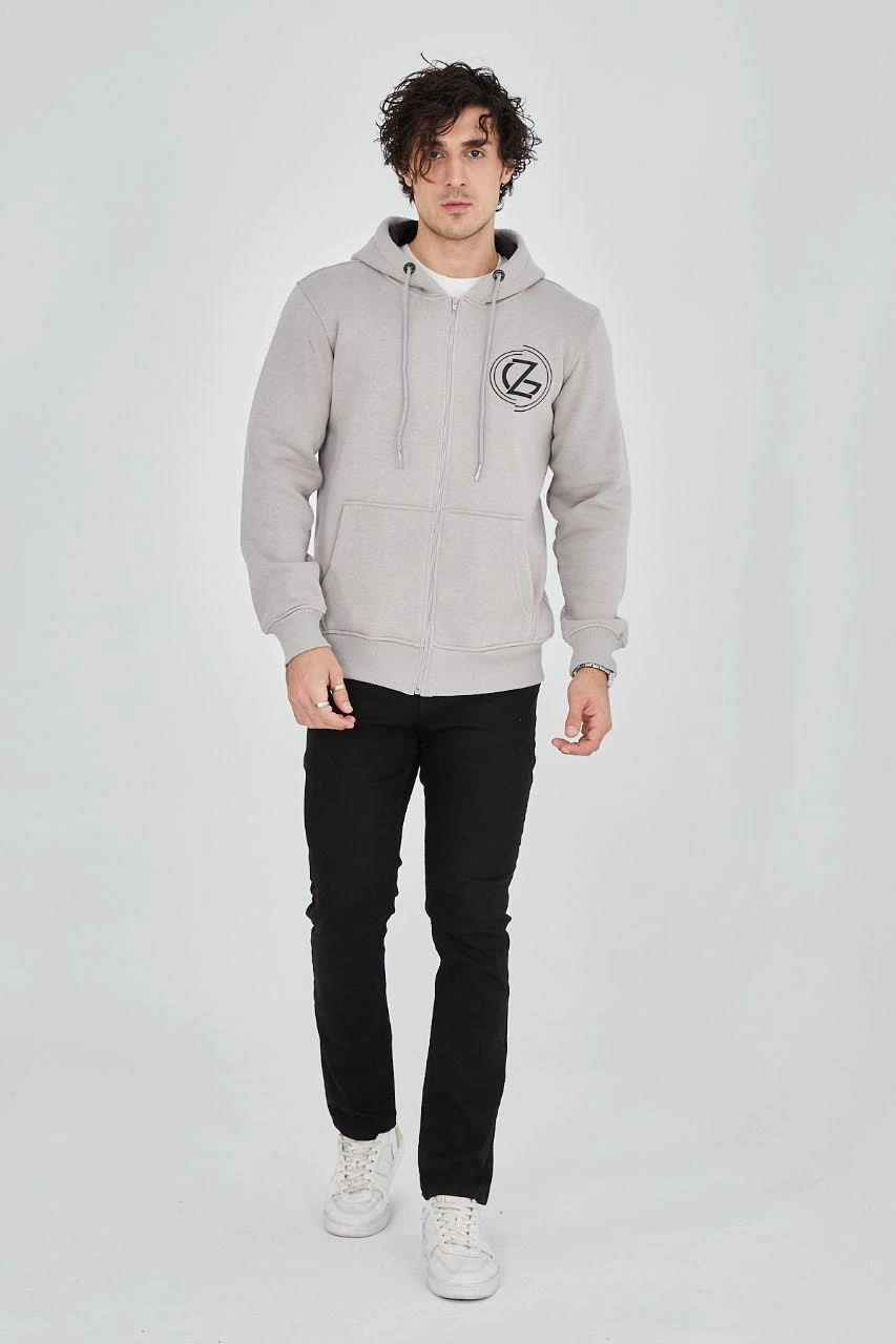 Erkek 3 İplik Pamuklu Fermuarlı Kapüşonlu Kanguru Cepli Hoodie - Boyalı Gri