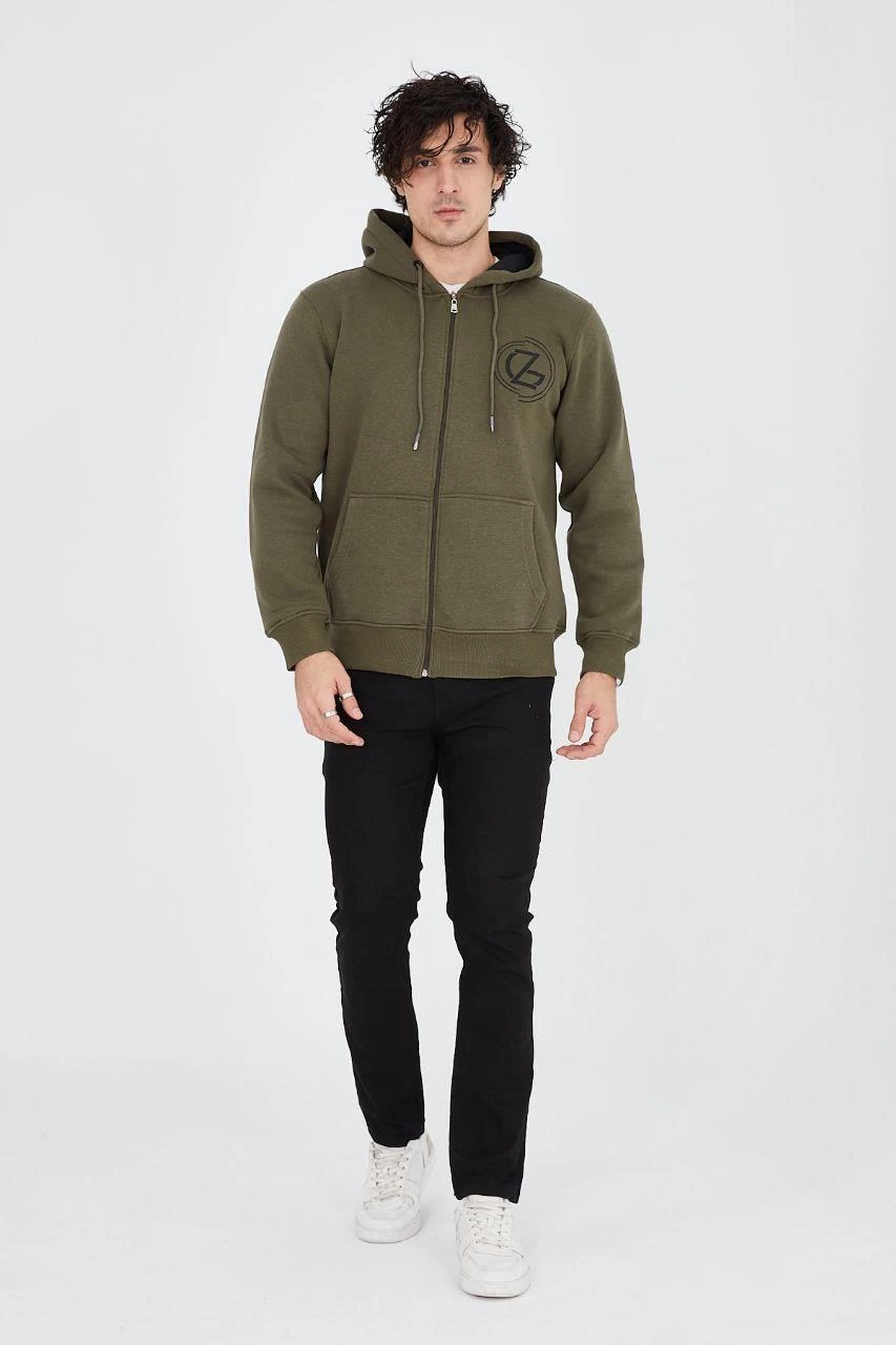 Erkek 3 İplik Pamuklu Fermuarlı Kapüşonlu Kanguru Cepli Baskılı Hoodie - Yeşil