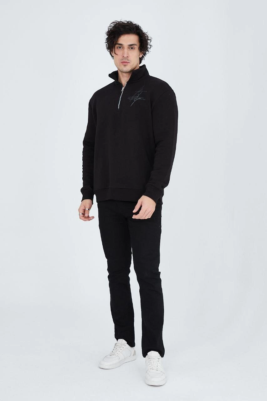Erkek Yarım Fermuarlı Baskılı 3  iplik pamuklu sweatshirt - Siyah