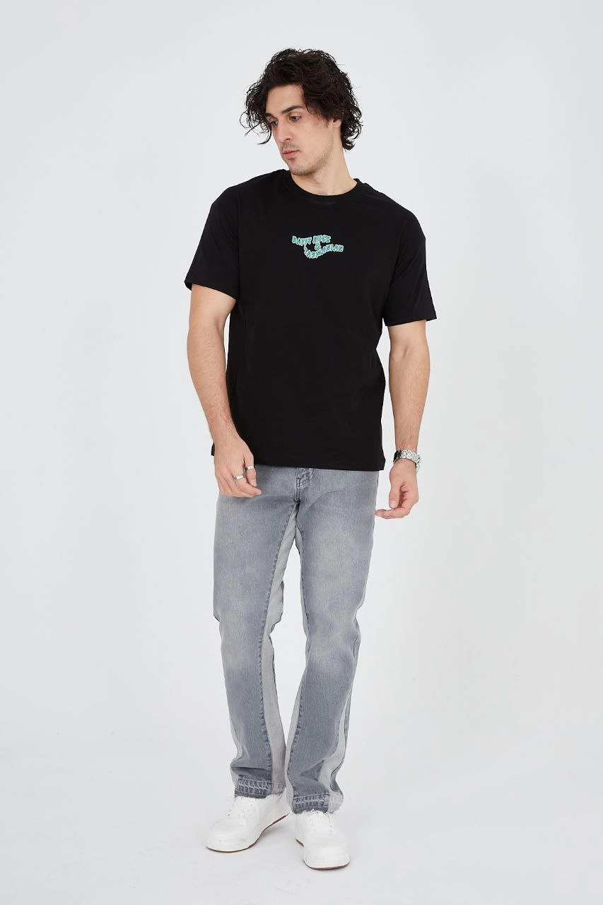 Erkek Baskılı T-Shirt Kısa Kol Bisiklet Yaka Regular Fit Rahat Kalıp Günlük Tişört - Siyah