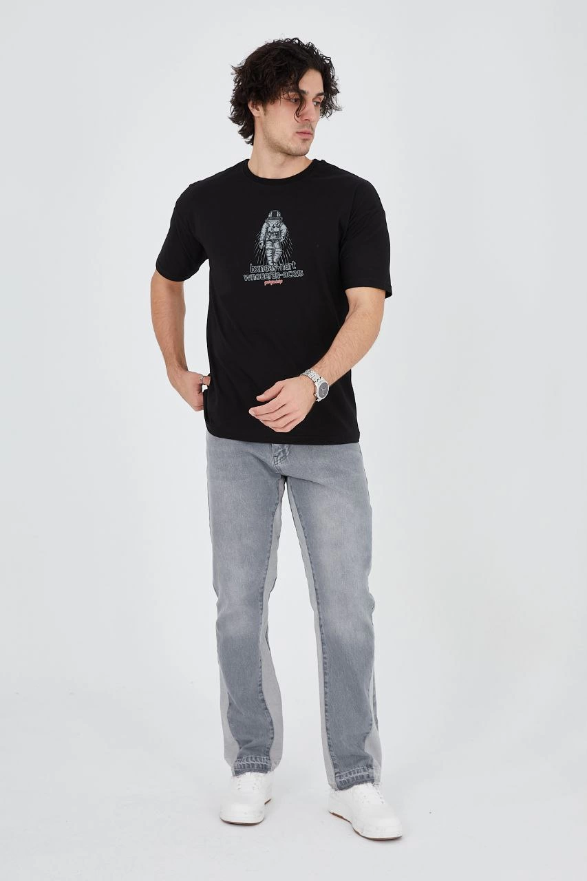 Erkek Baskılı T-Shirt Kısa Kol Bisiklet Yaka Regular Fit Rahat Kalıp Günlük Tişört - Siyah