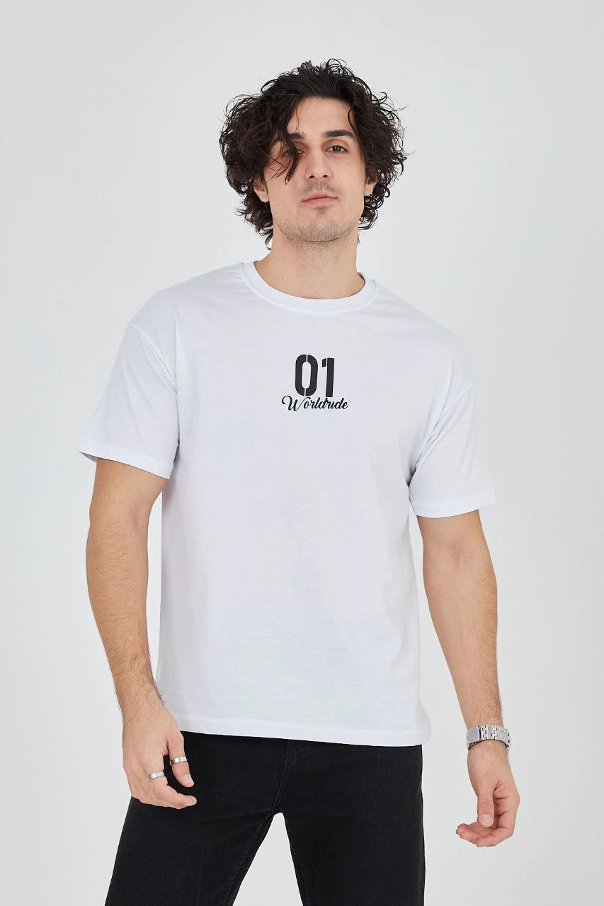 Erkek Baskılı T-Shirt Kısa Kol Bisiklet Yaka Regular Fit Rahat Kalıp Günlük Tişört - Beyaz