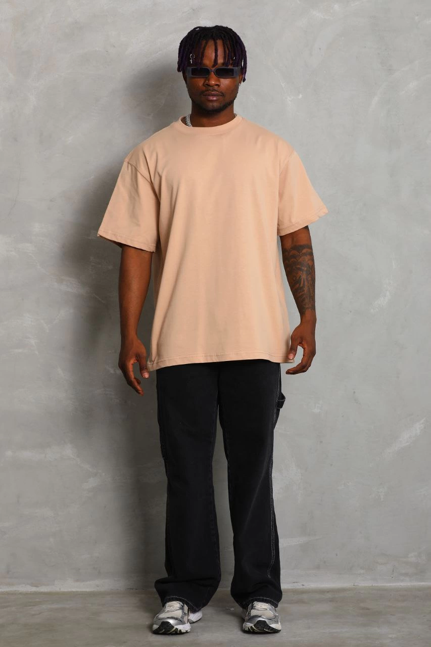 Erkek Düz Yazlık Kısa Kol Tişört Bisiklet Yaka Oversize T-Shirt - Bej