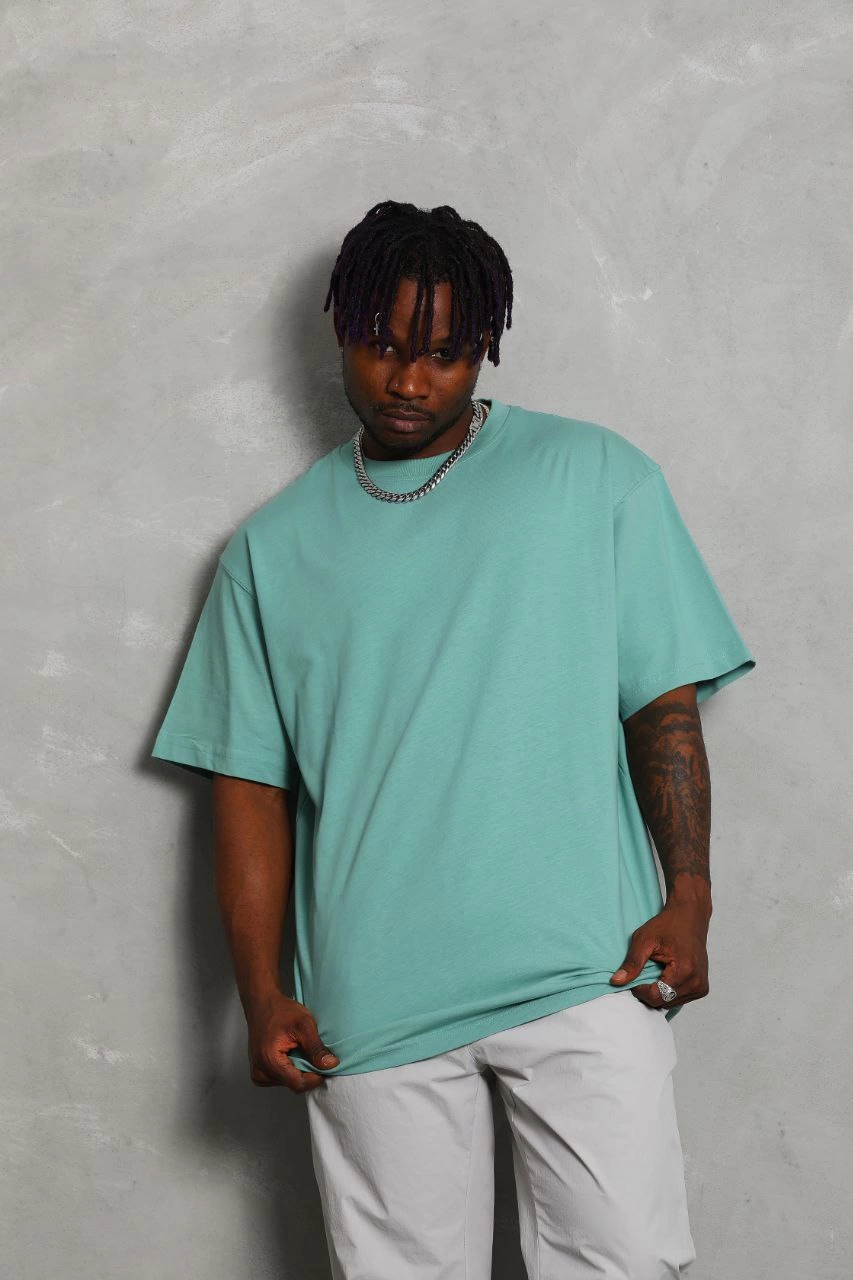 Erkek Düz Yazlık Kısa Kol Tişört Bisiklet Yaka Oversize T-Shirt - Mint Yeşili
