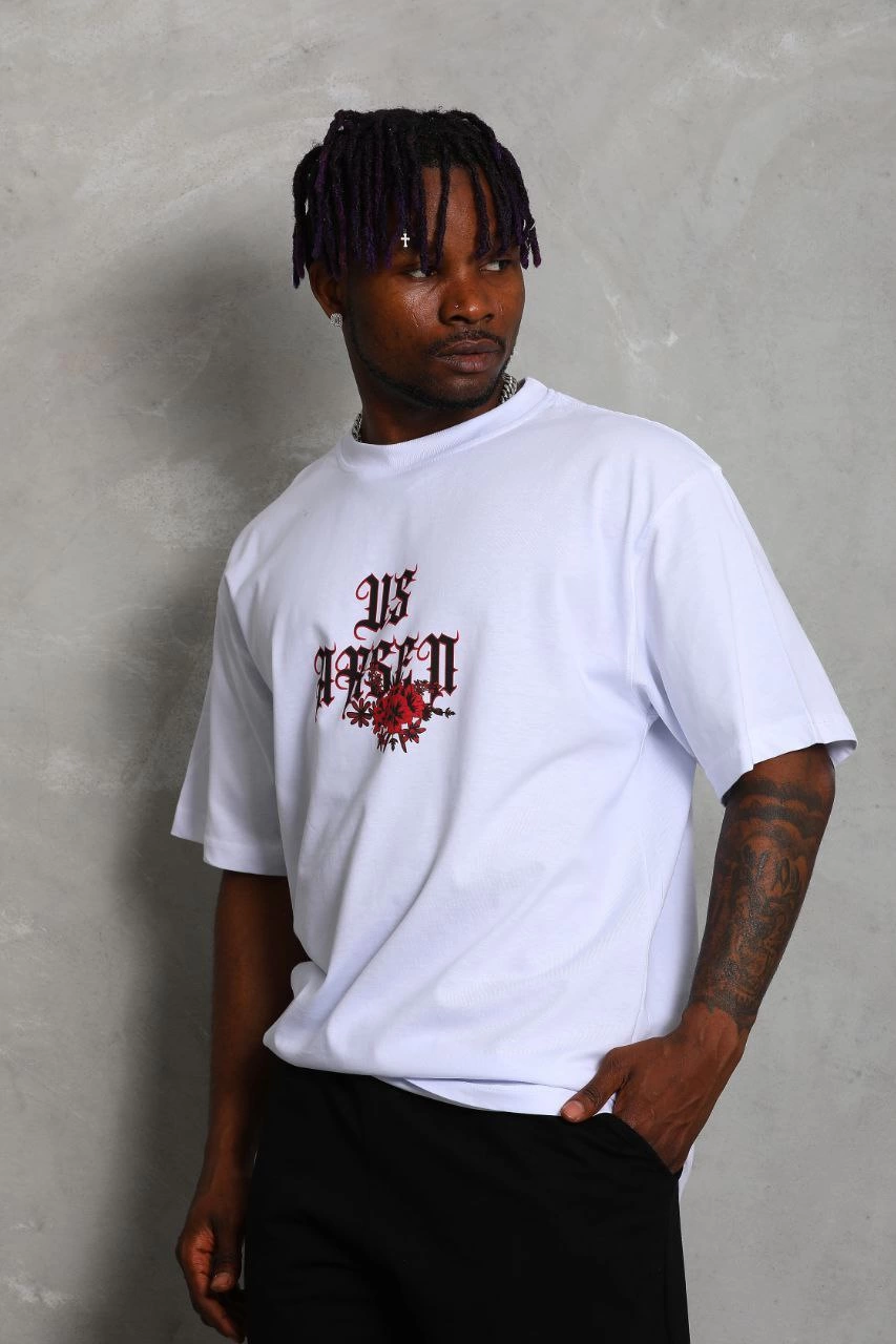Erkek Baskılı Tişört Kısa Kol Bisiklet Yaka Oversize T-Shirt - Beyaz