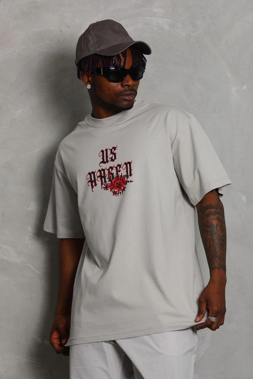 Erkek Kısa Kol Yazlık Tişört Bisiklet Yaka Baskılı Oversize T-Shirt - Gri