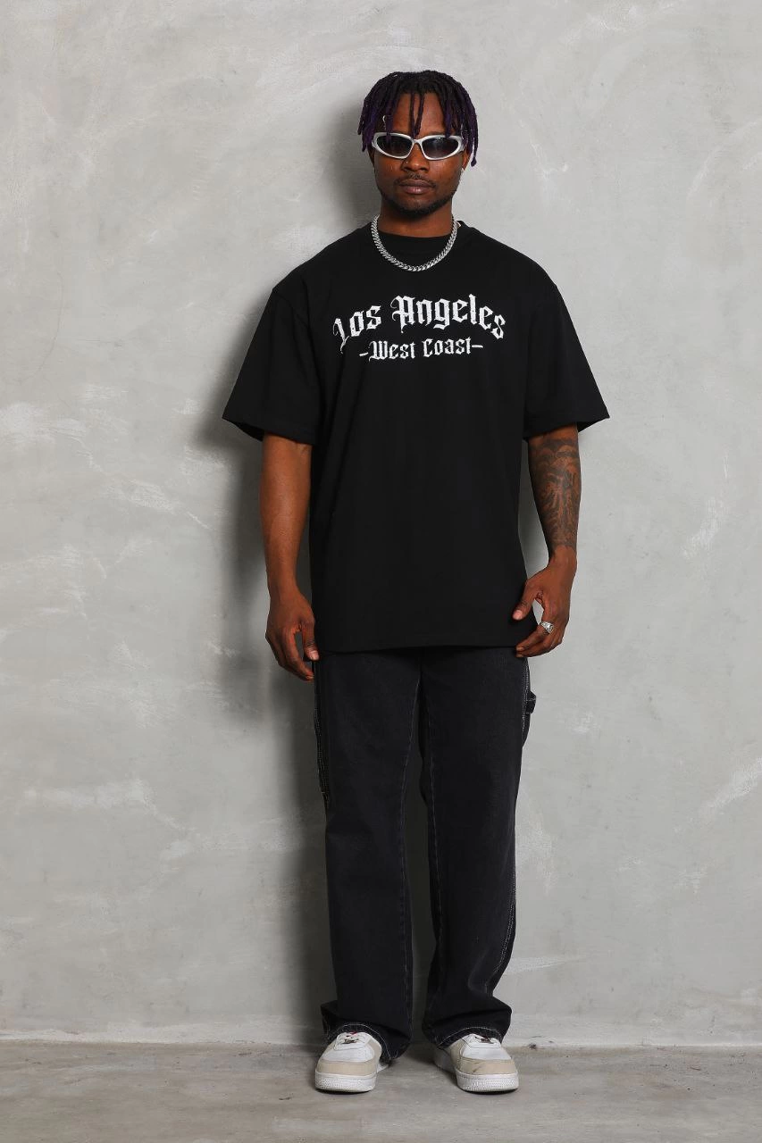 Erkek Baskılı Tişört Kısa Kol Bisiklet Yaka Oversize T-Shirt - Siyah