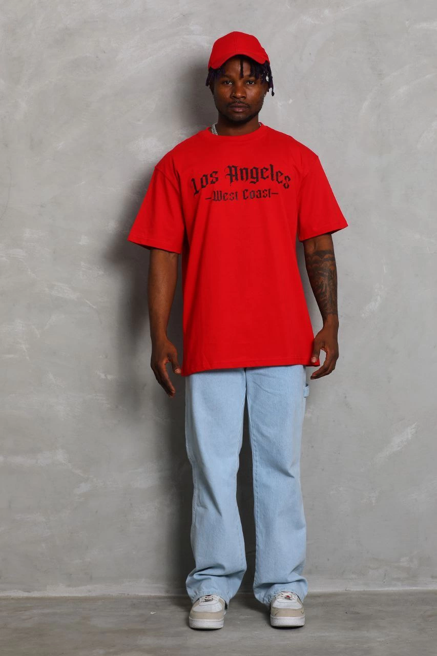 Erkek Baskılı Tişört Kısa Kol Bisiklet Yaka Oversize T-Shirt - Kırmızı