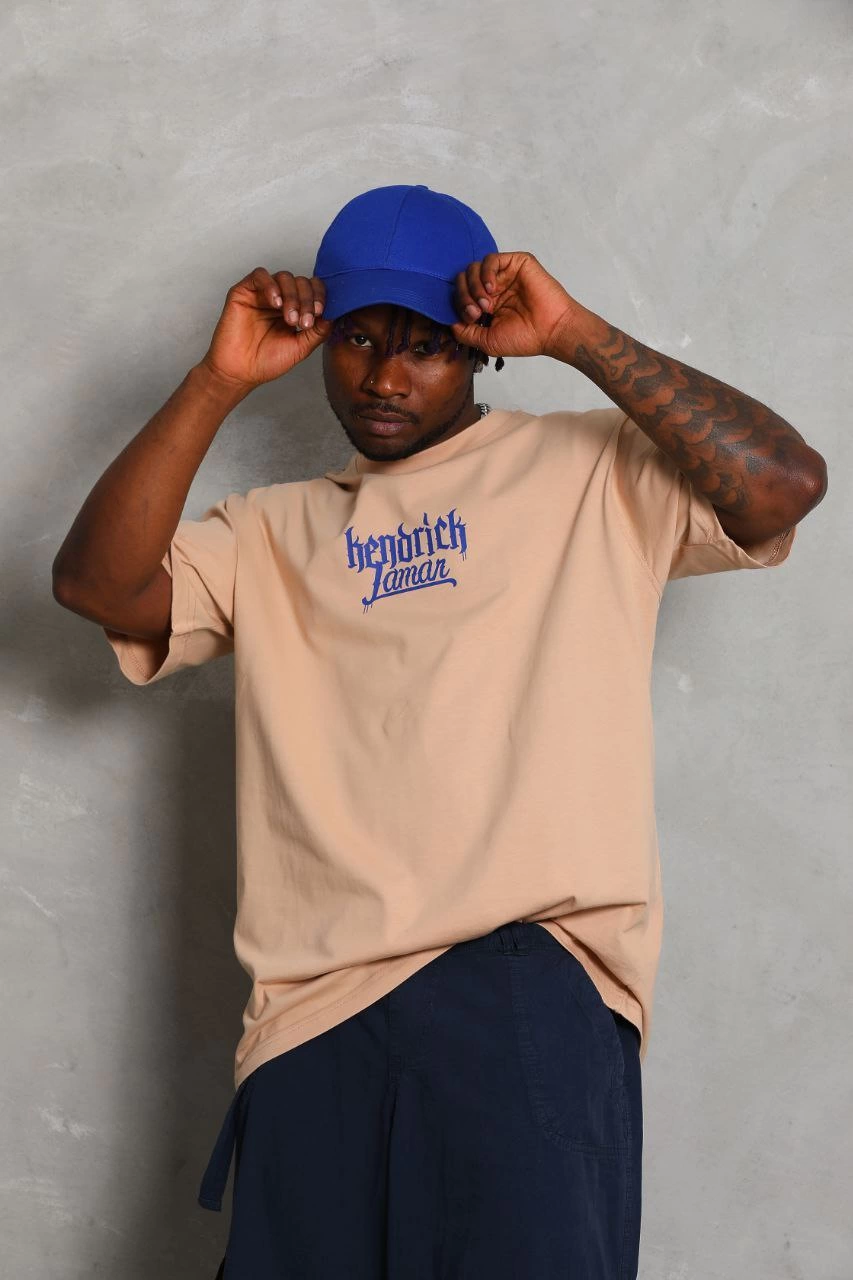 Erkek Baskılı Tişört Kısa Kol Bisiklet Yaka Oversize T-Shirt - Bej