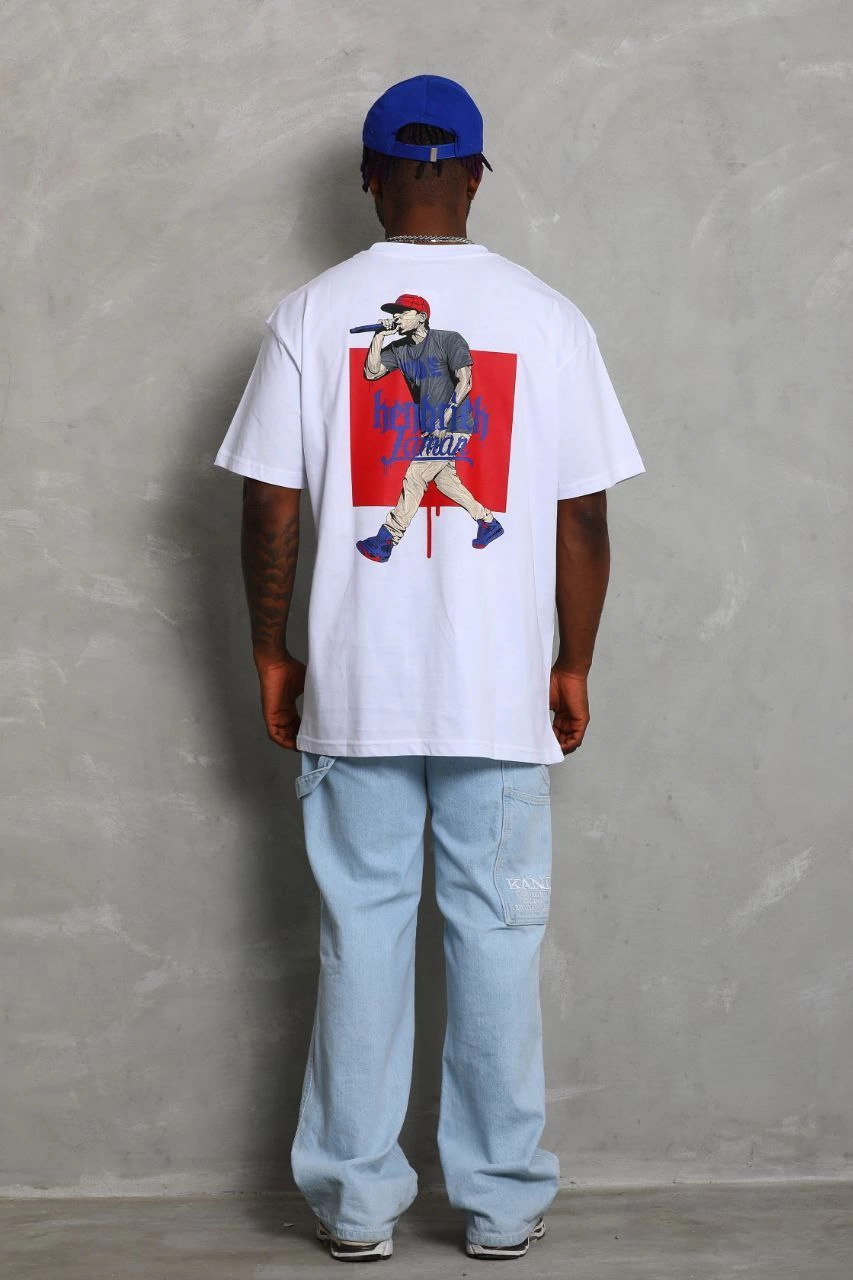 Erkek Baskılı Tişört Kısa Kol Bisiklet Yaka Oversize T-Shirt - Beyaz