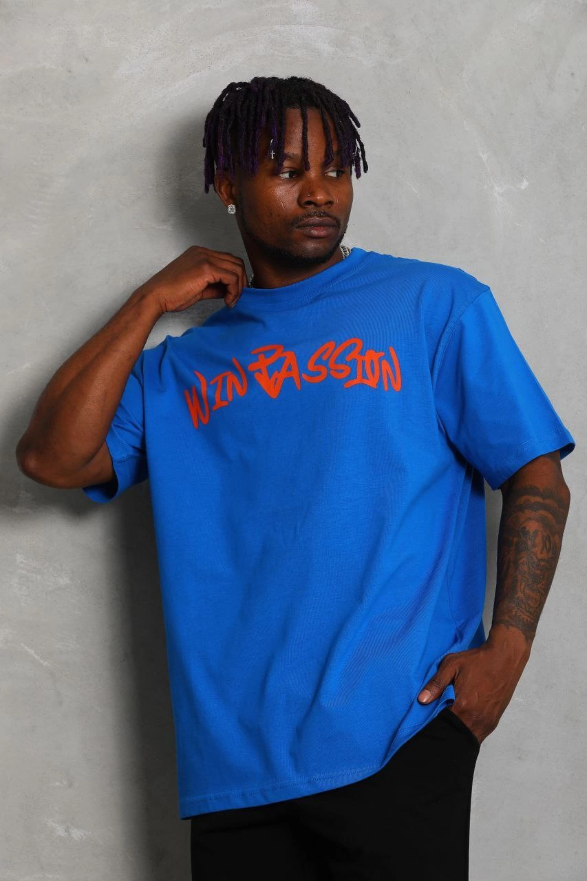 Erkek Baskılı Tişört Kısa Kol Bisiklet Yaka Oversize T-Shirt - Mavi