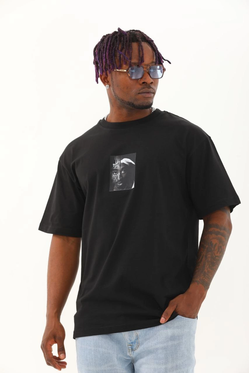 Erkek Kısa Kol Yazlık Tişört Bisiklet Yaka Baskılı Oversize T-Shirt - Siyah