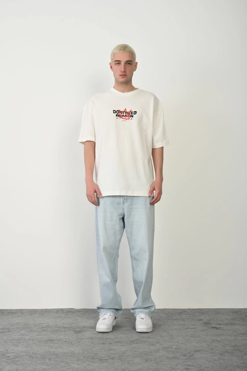 Erkek Baskılı T-Shirt Kısa Kol Bisiklet Yaka Rahat Kalıp Tişört  - Beyaz