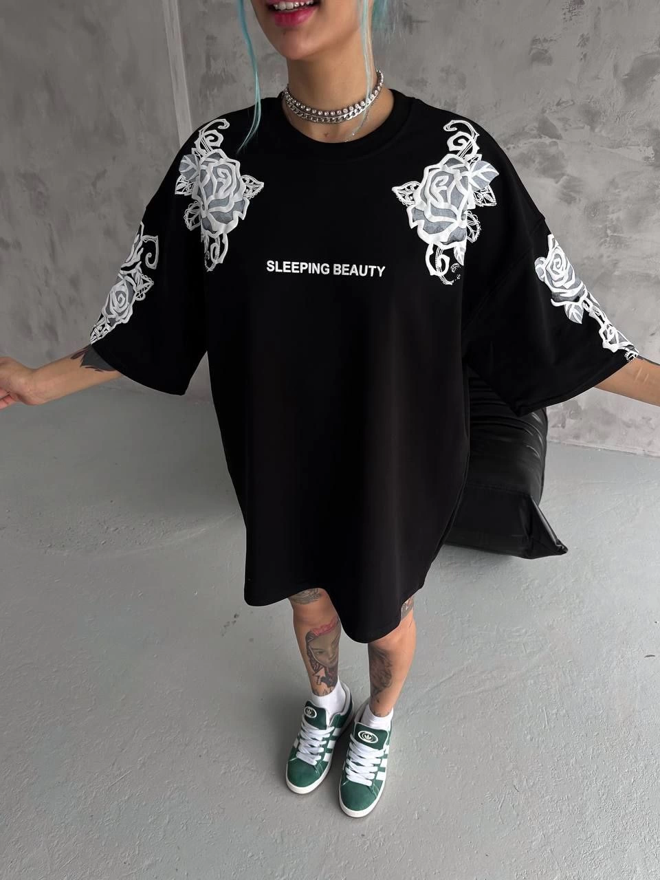 Kadın Kısa Kol Yazlık Tişört Bisiklet Yaka Baskılı Oversize T-Shirt - Siyah
