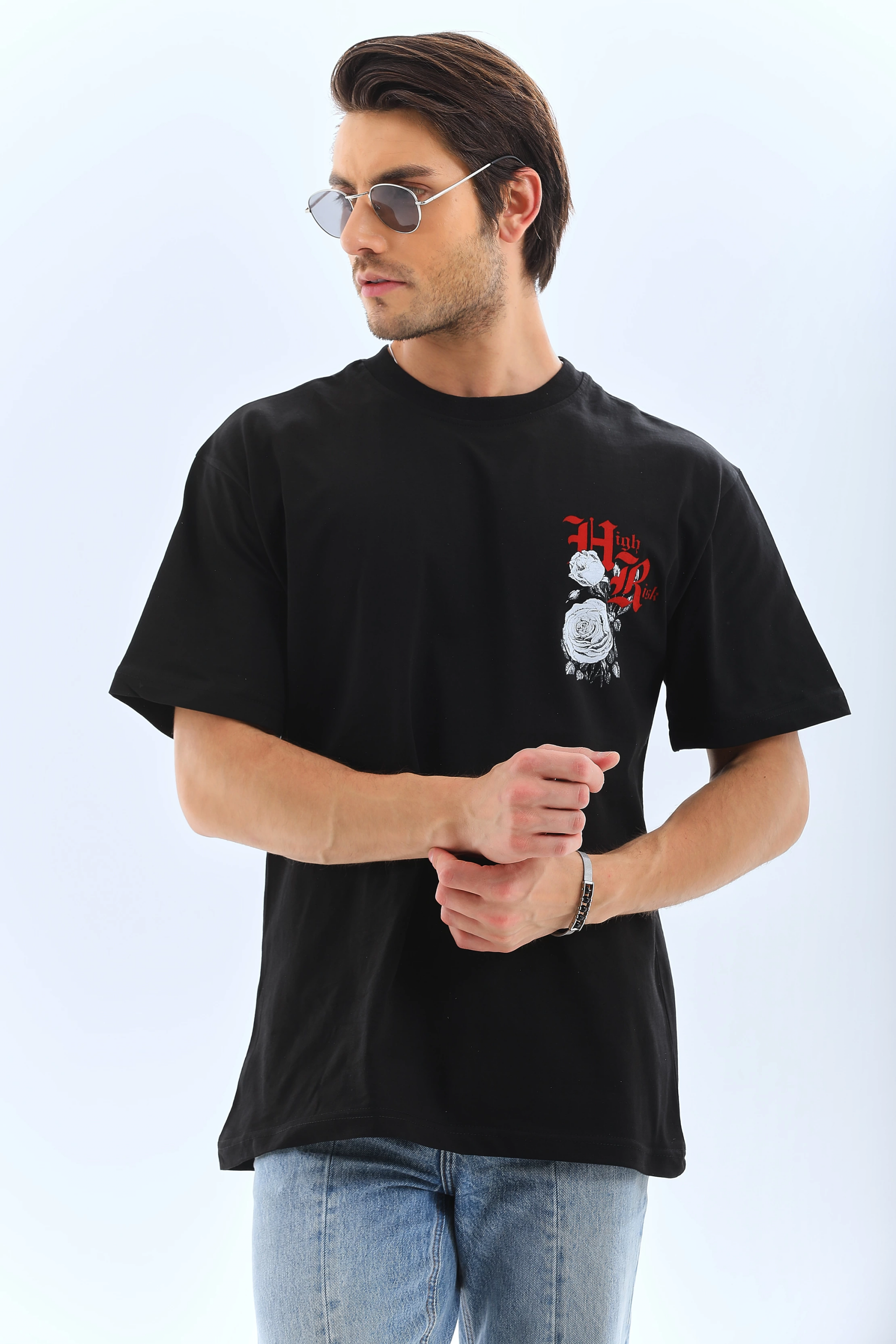 Erkek Baskılı T-Shirt Kısa Kol Bisiklet Yaka Rahat Kalıp Tişört  - Siyah