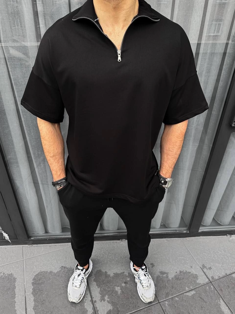 Erkek Yarım Fermuarlı Kısa kol T-Shirt - Siyah