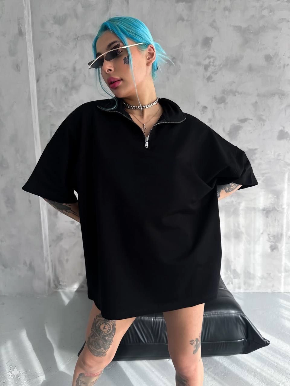 Kadın Yarım Fermuarlı Tişört Kısa kol T-Shirt - Siyah