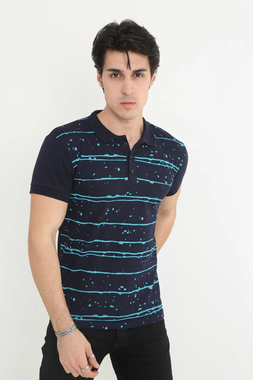 Erkek polo Yaka tişört Slim Fit Pike Çizgili  Kısa kol T-Shirt - Lacivert