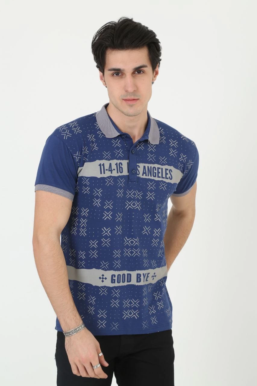 Erkek Polo Yaka tişört Slim Fit Baskılı Kısa kol T-Shirt - Mavi