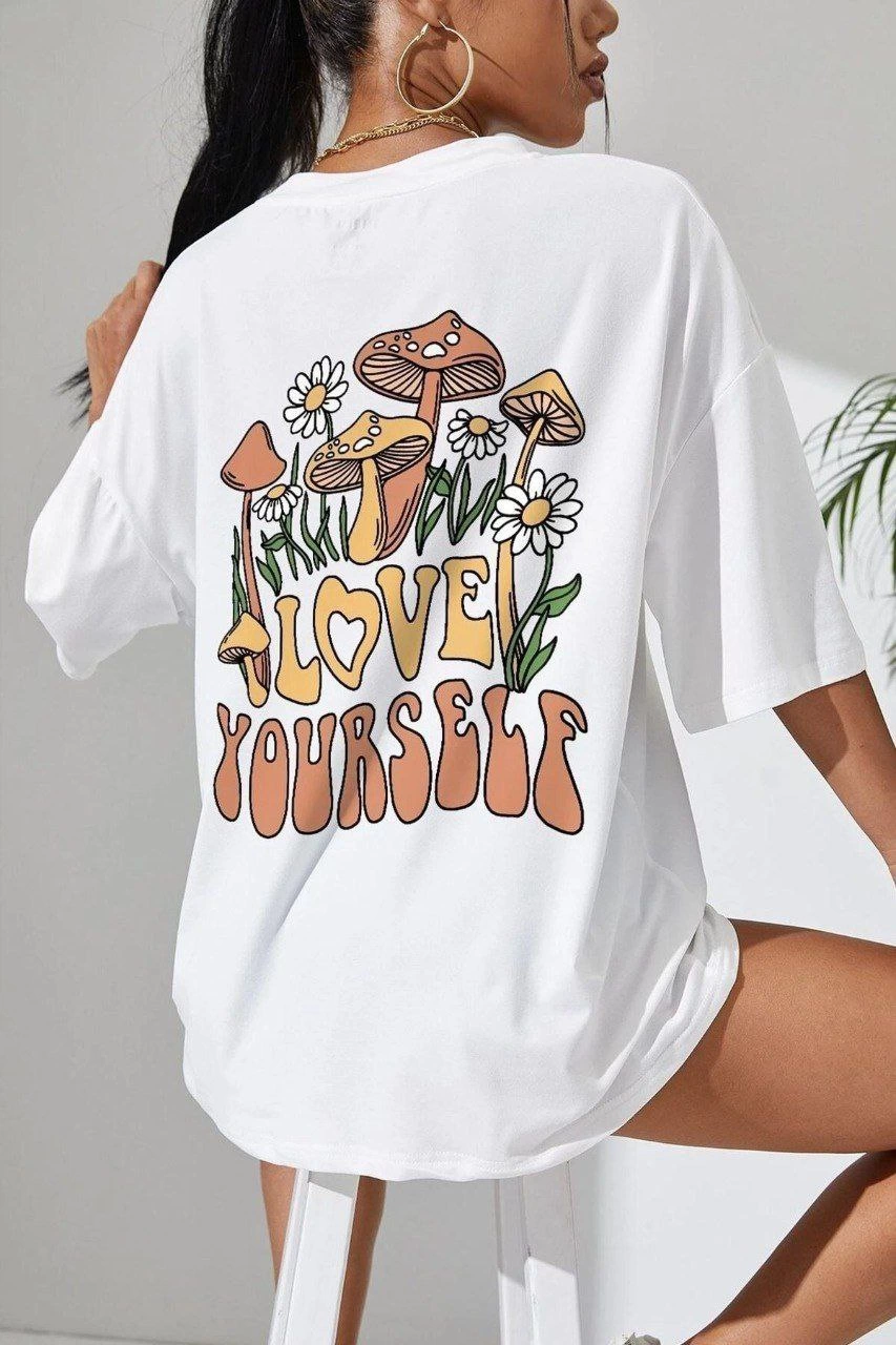 Kadın Baskılı Oversize kısa kol T-Shirt - Beyaz